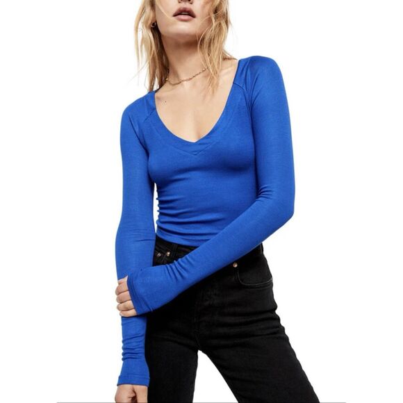 Free People Lookin Forward ribbed crop top open back Size small Blue Flame - Picture 2 of 13